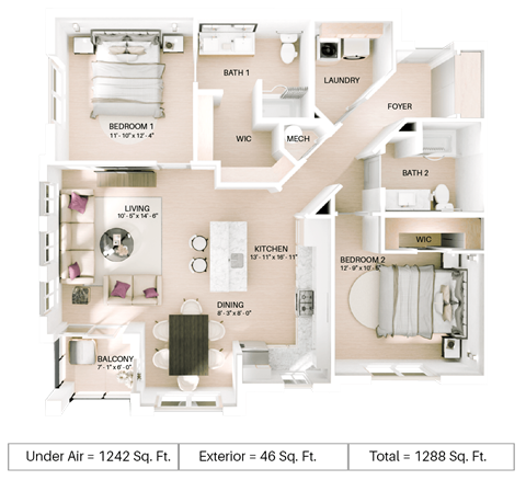 Floor plan for 2 beds, 2 baths, 1242 sqft